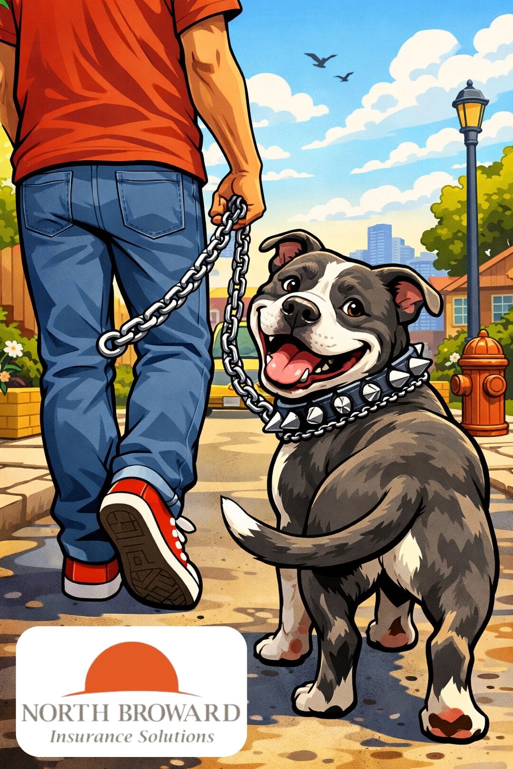 Graphic of an oversized smiley dog to advertise our offering of Animal Liability insurance, presented through North Broward Insurance Solutions, a Florida Insurance Agency.